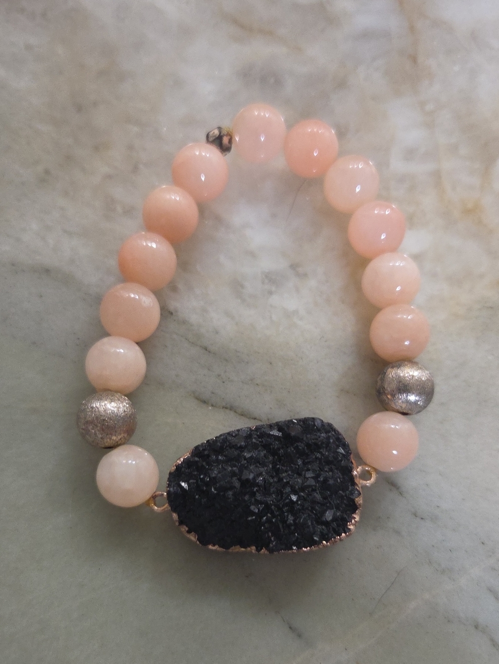 Peach Beaded Druzy Stretch Bracelet